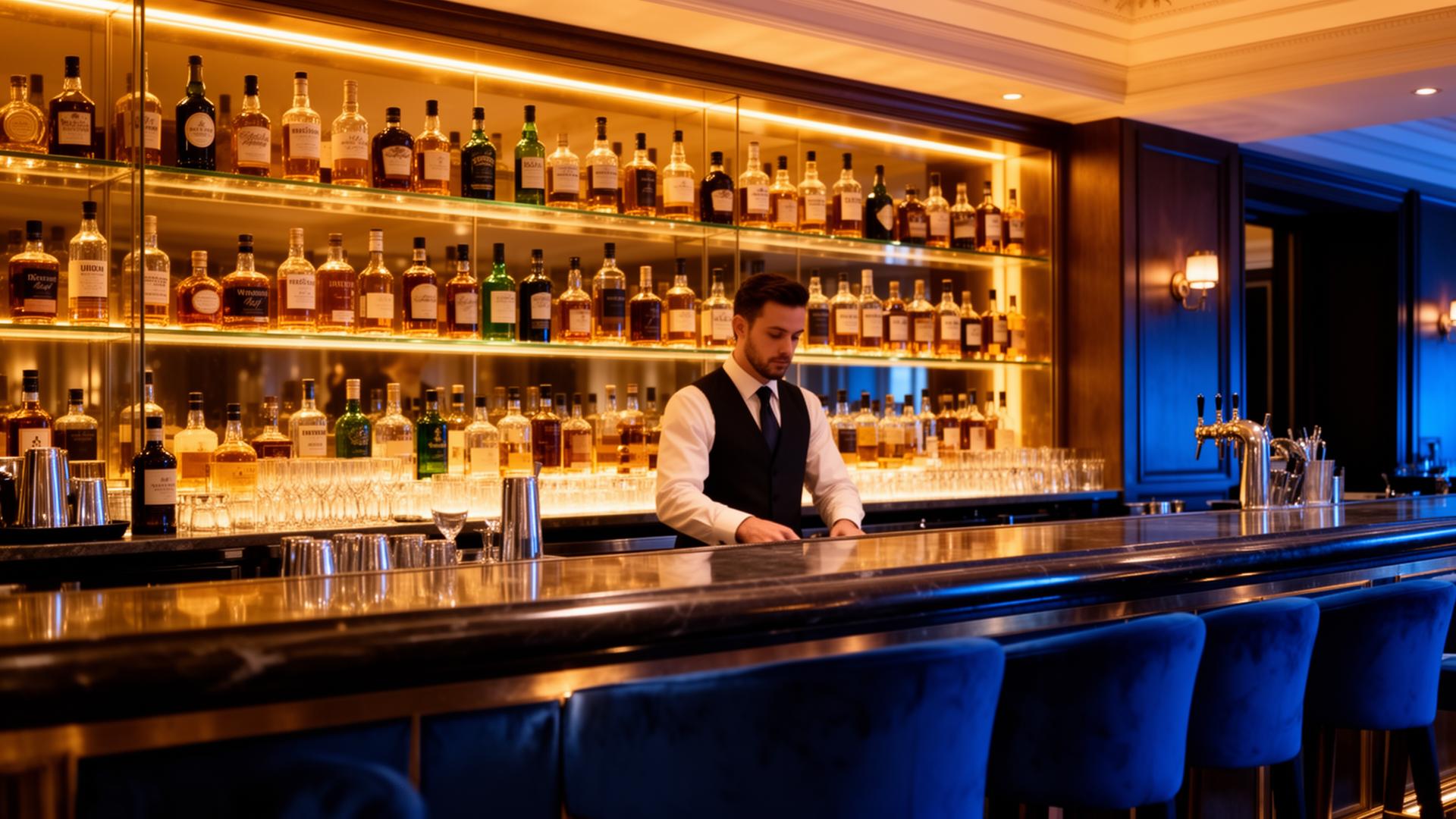 Upscale hotel bar with backlit liquor shelves