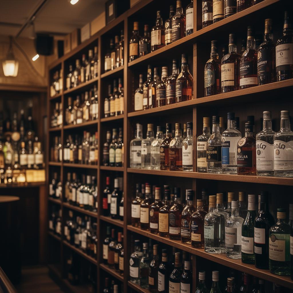Liquor stock room with shelves of premium spirits and wine bottles