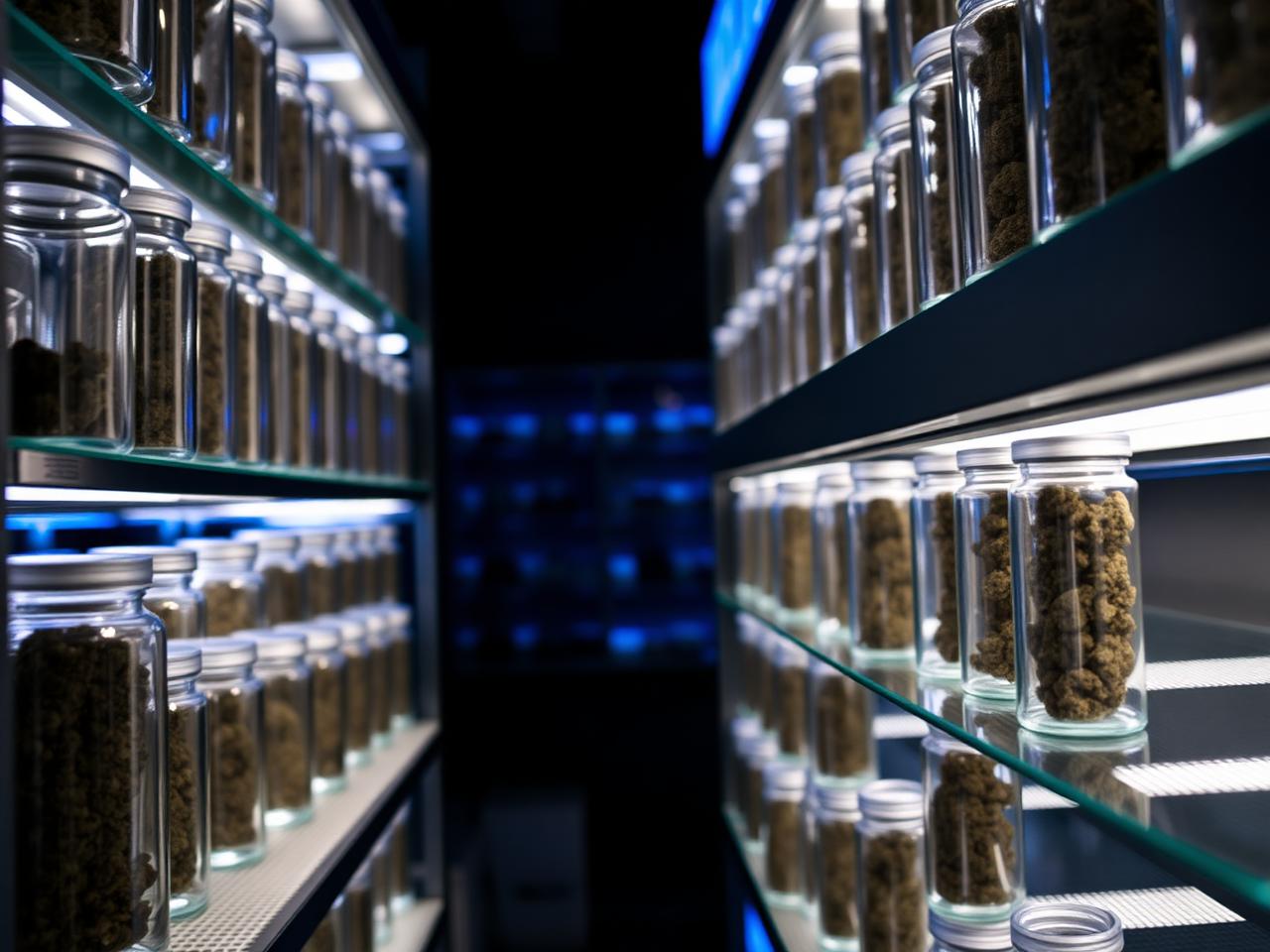 Cannabis dispensary inventory shelves with glass jars