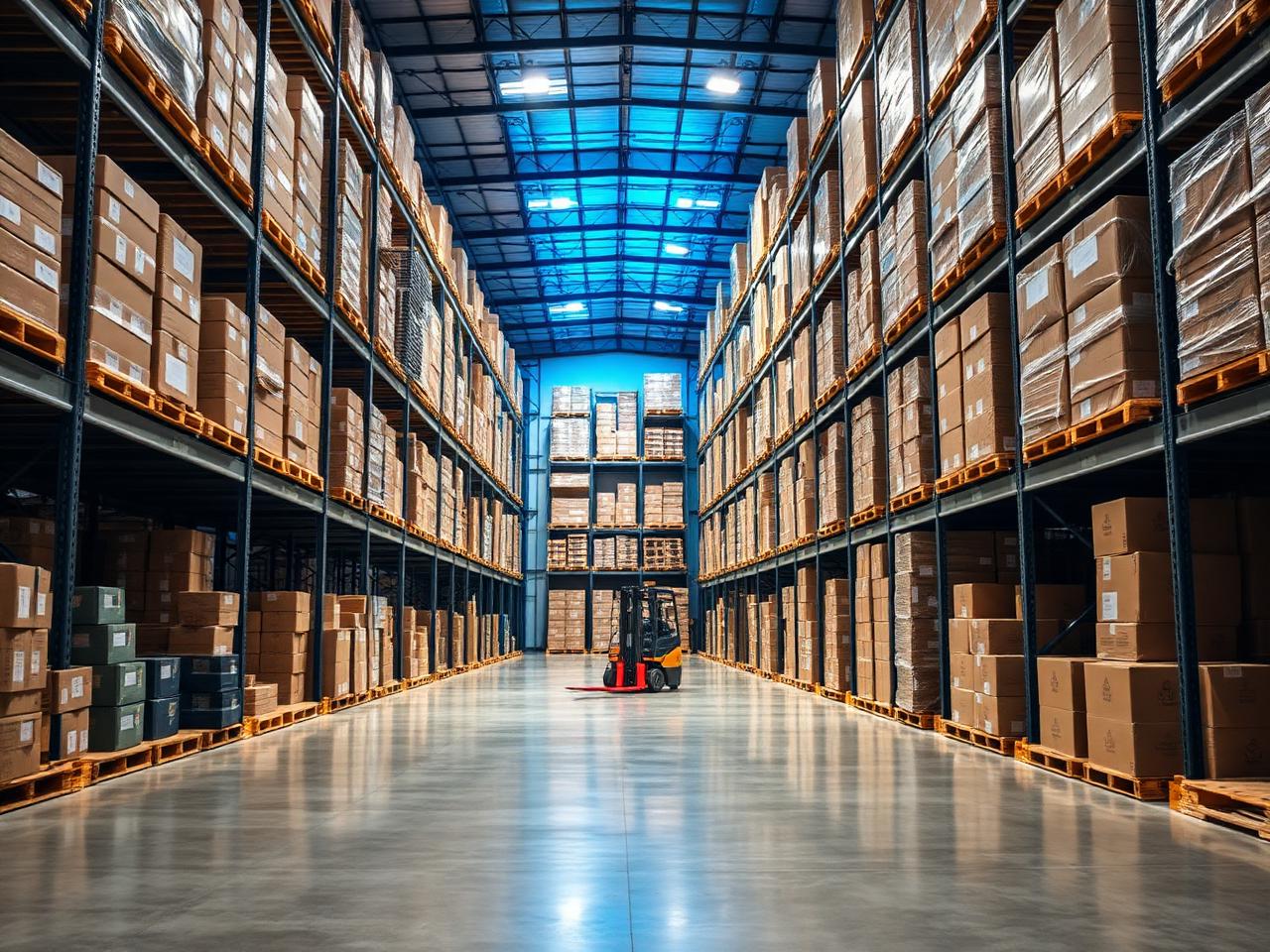 Modern logistics warehouse with tall pallet racking